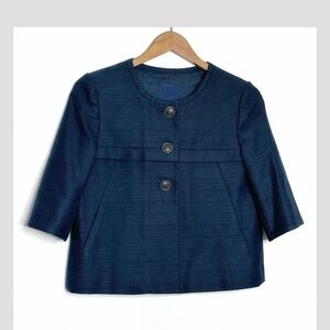 J Crew Blazer Cropped Jacket 3 Button Closure Navy Blue Textured Elbow Sleeves 8